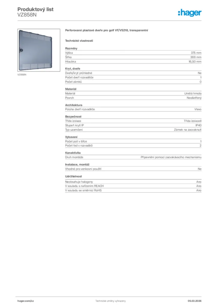 Obrázek Hager Product data sheet VZ858N | Hager