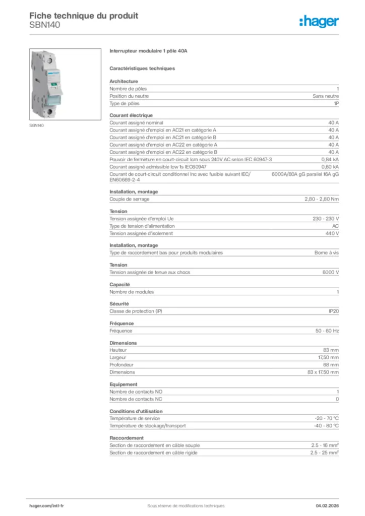 Image Hager Fiche technique du produit SBN140 | Hager Afrique