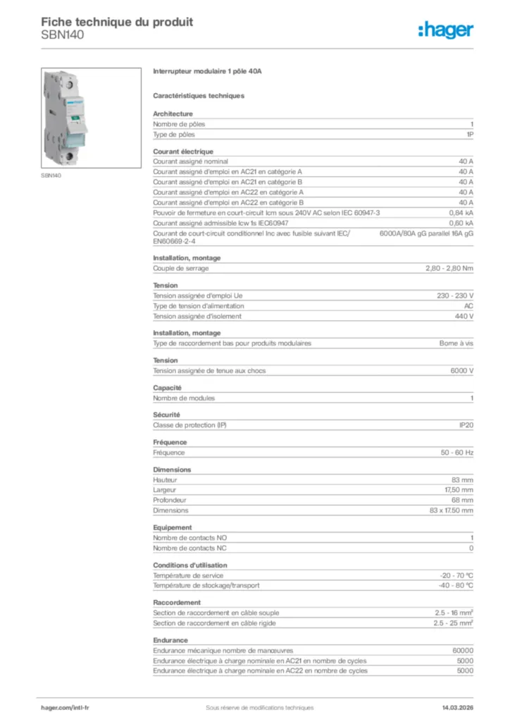 Image Hager Fiche technique du produit SBN140 | Hager Afrique