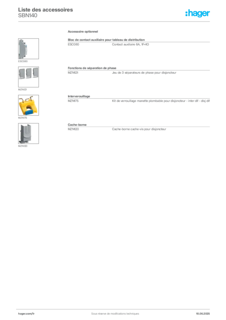Image Hager Fiche technique du produit SBN140 | Hager France