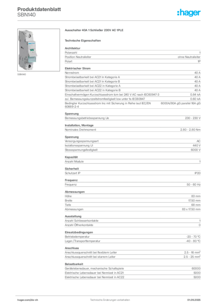 Bild Hager Produktdatenblatt SBN140 | Hager Schweiz