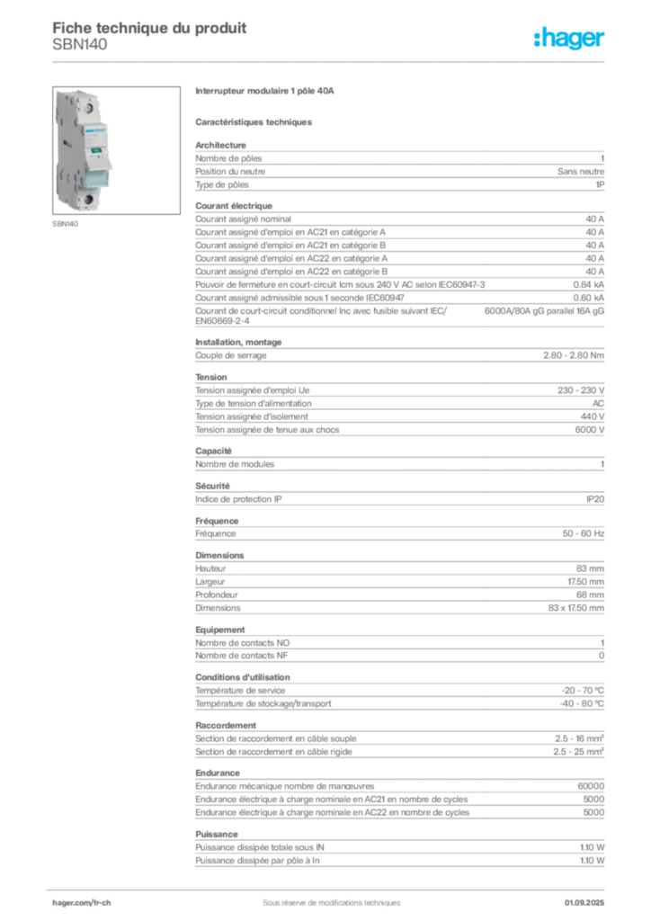 Image Hager Fiche technique du produit SBN140 | Hager Suisse