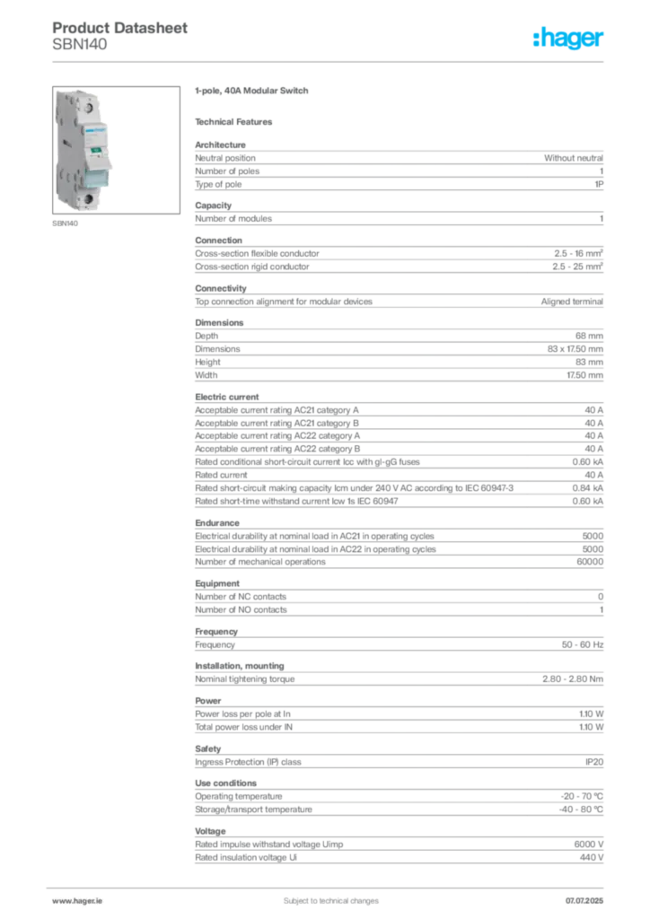 Image Hager Product data sheet SBN140  | Hager
