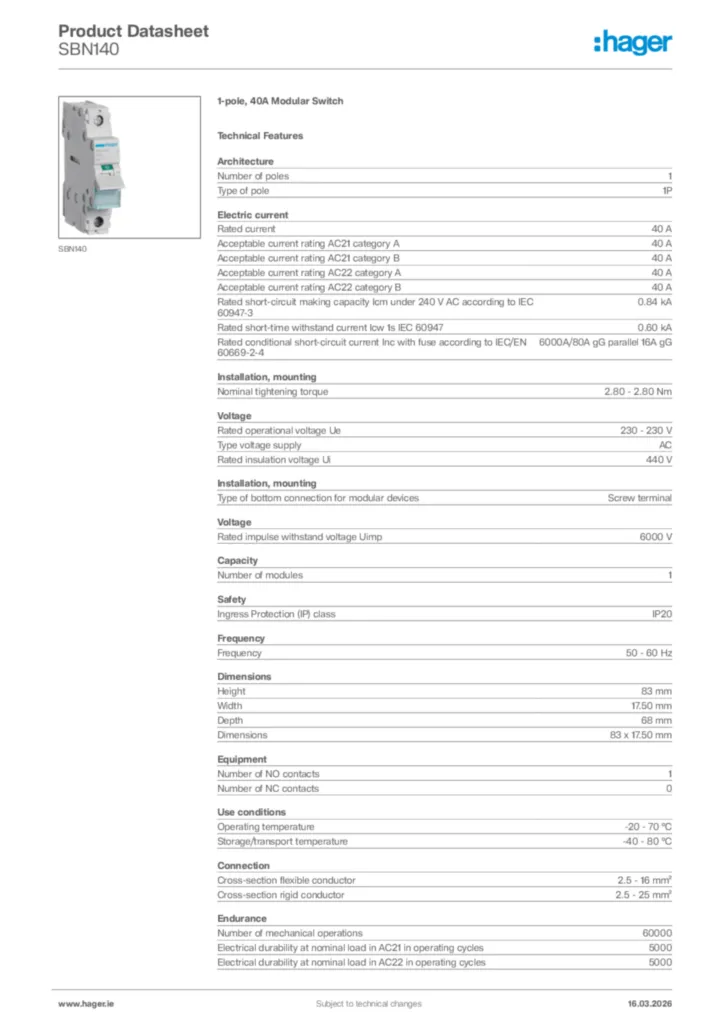 Image Hager Product data sheet SBN140  | Hager