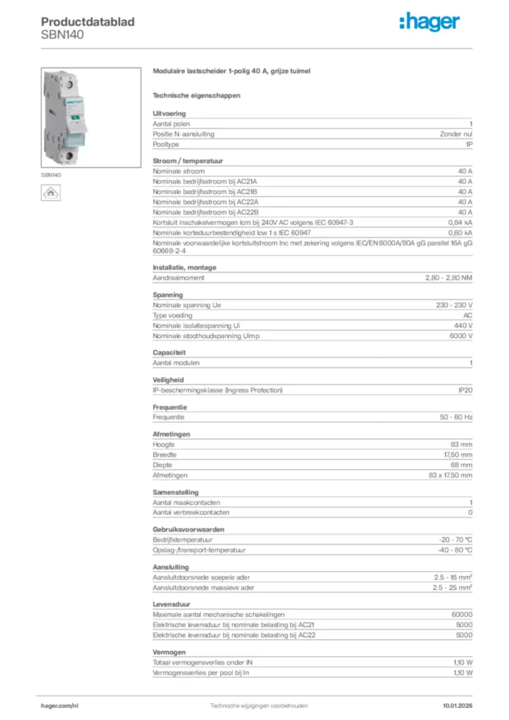 Afbeelding Hager Productdatablad SBN140 | Hager Nederland