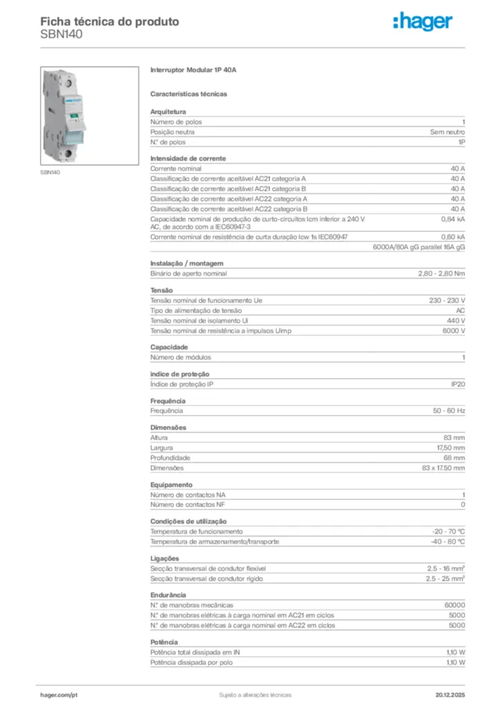 Imagem Hager Ficha técnica do produto SBN140 | Hager Portugal