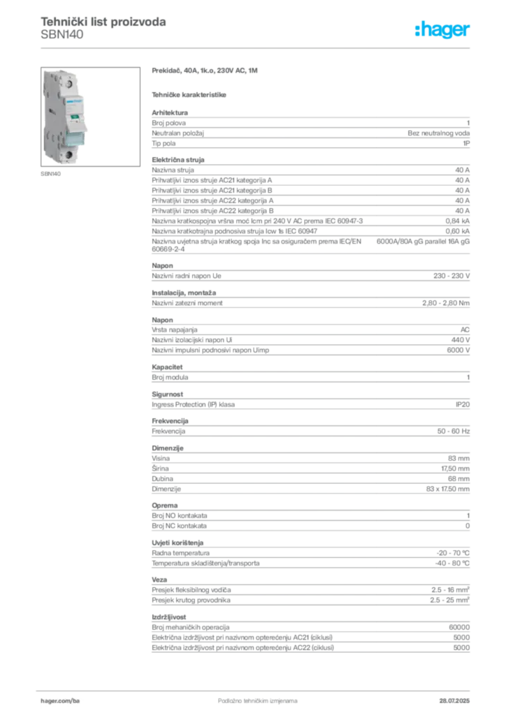 Slika Hager Product data sheet SBN140  | Hager