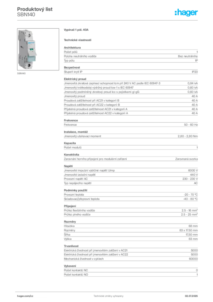 Obrázek Hager Produktový list SBN140 | Hager