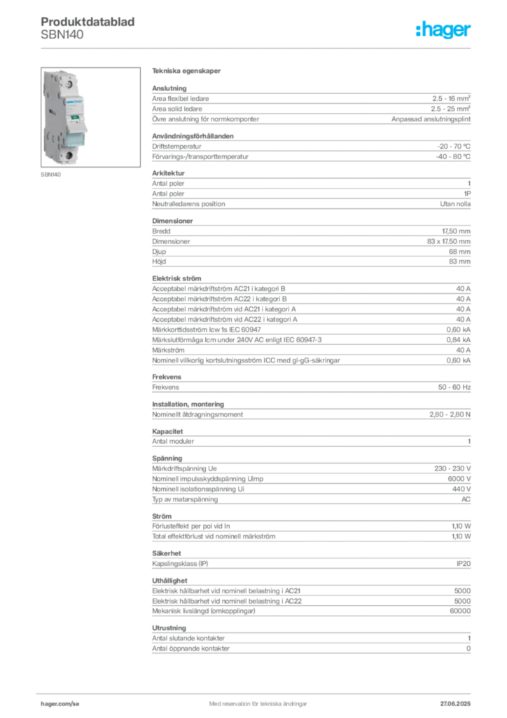 Bild Hager Produktdatablad SBN140 | Hager Sverige