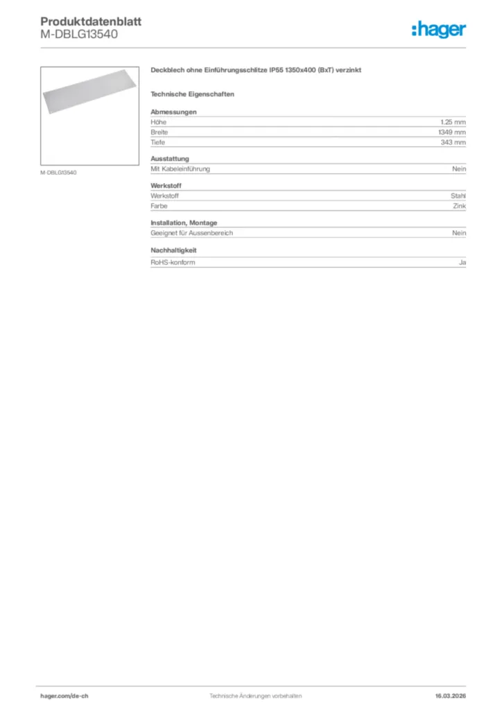 Bild Hager Produktdatenblatt M-DBLG13540 | Hager Schweiz