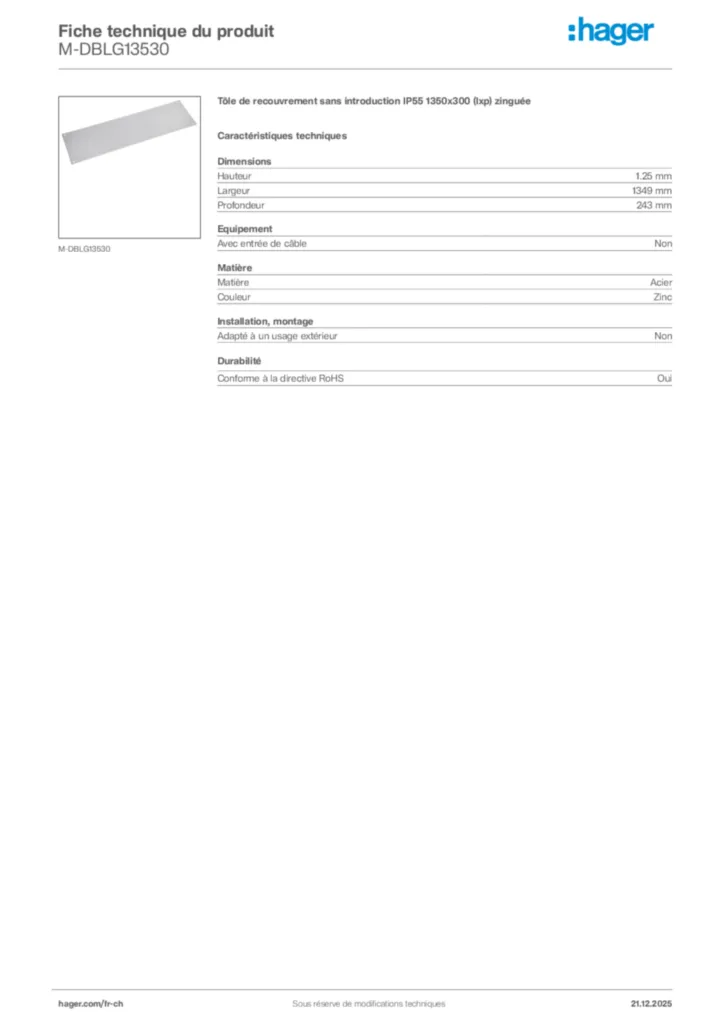 Image Hager Fiche technique du produit M-DBLG13530 | Hager Suisse