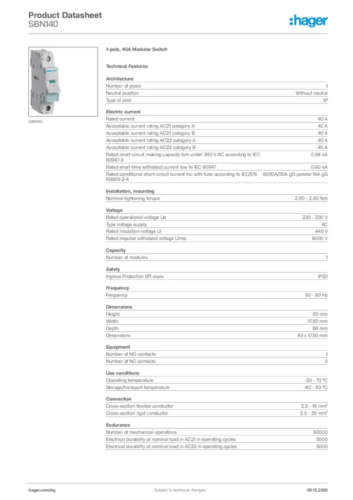 Image Hager Product data sheet SBN140  | Hager
