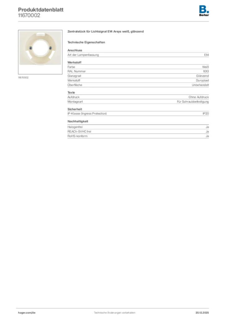 Bild Berker Produktdatenblatt 11670002 | Hager Deutschland