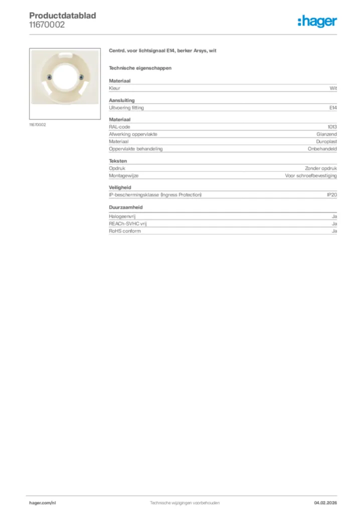 Afbeelding Hager Productdatablad 11670002 | Hager Nederland