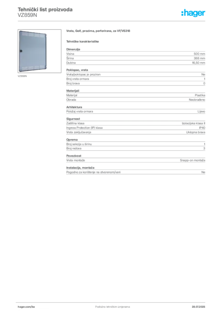 Slika Hager Product data sheet VZ859N  | Hager