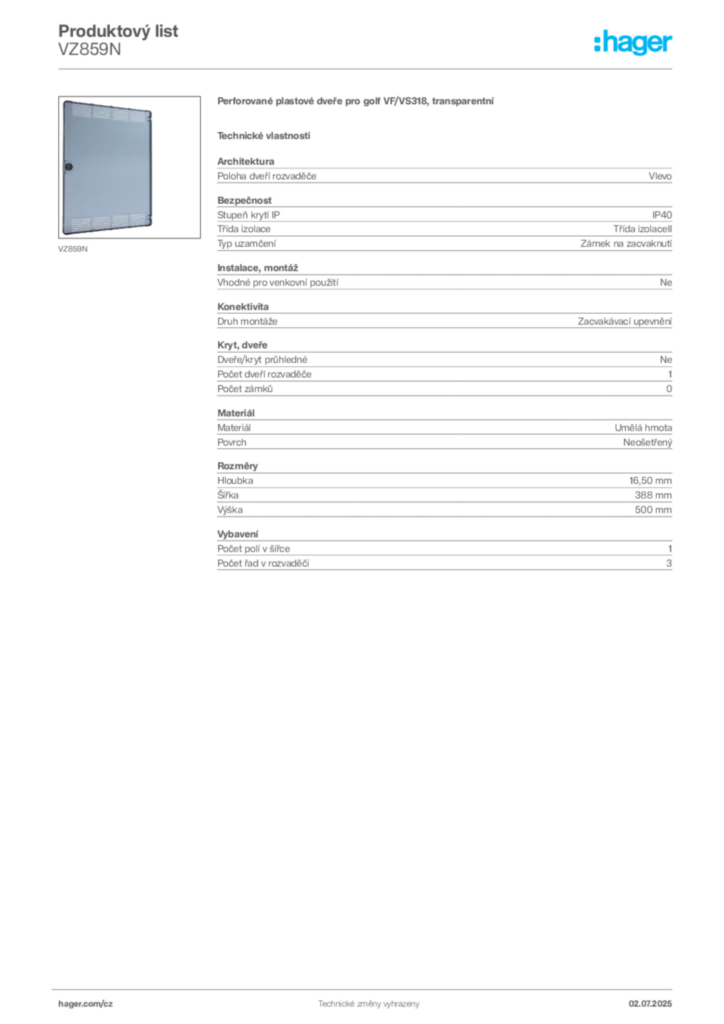 Obrázek Hager Produktový list VZ859N | Hager