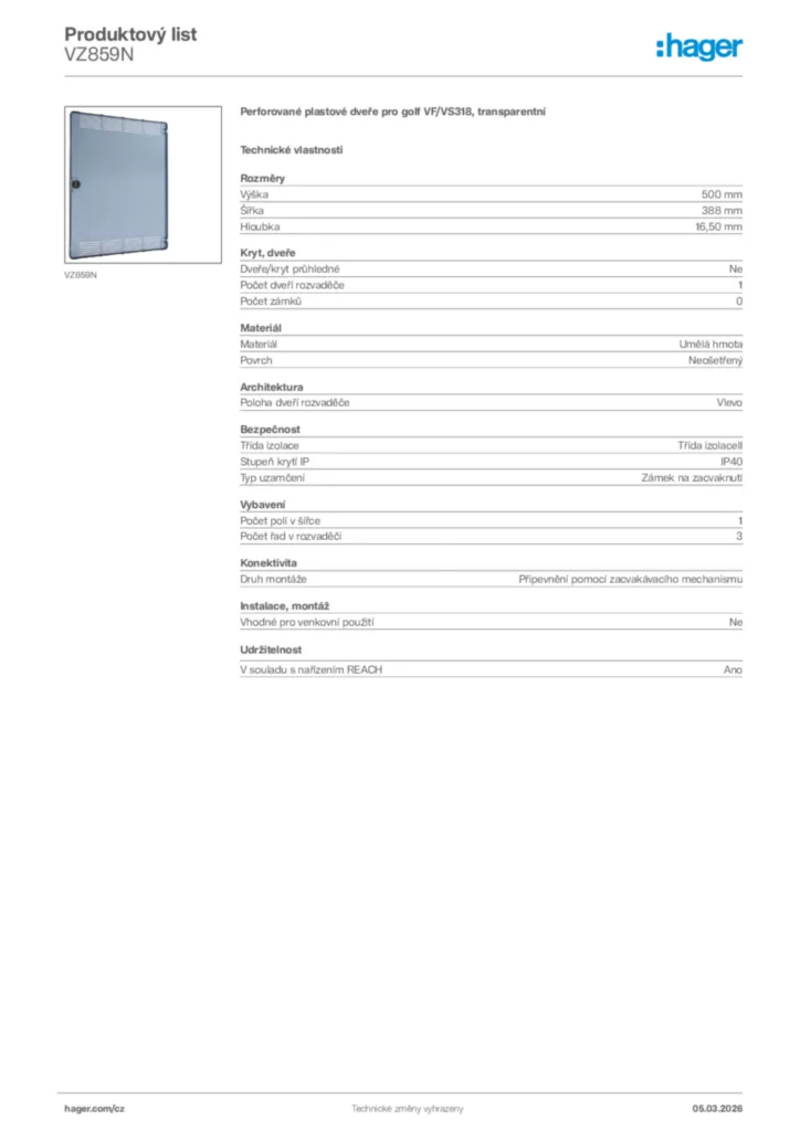 Obrázek Hager Product data sheet VZ859N | Hager