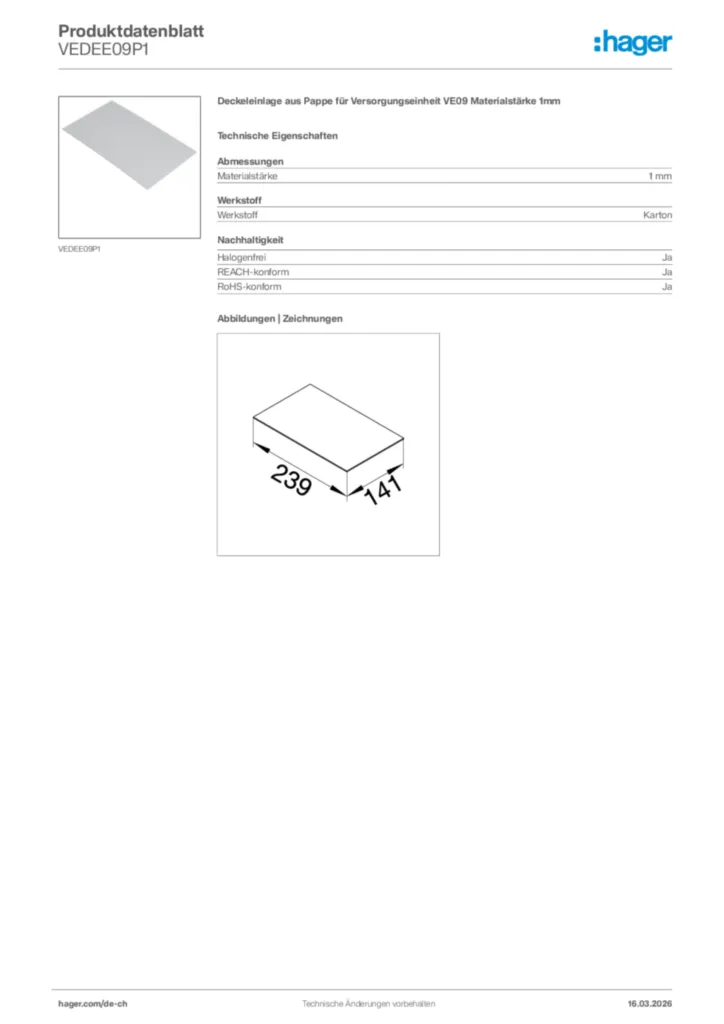 Bild Hager Produktdatenblatt VEDEE09P1 | Hager Schweiz