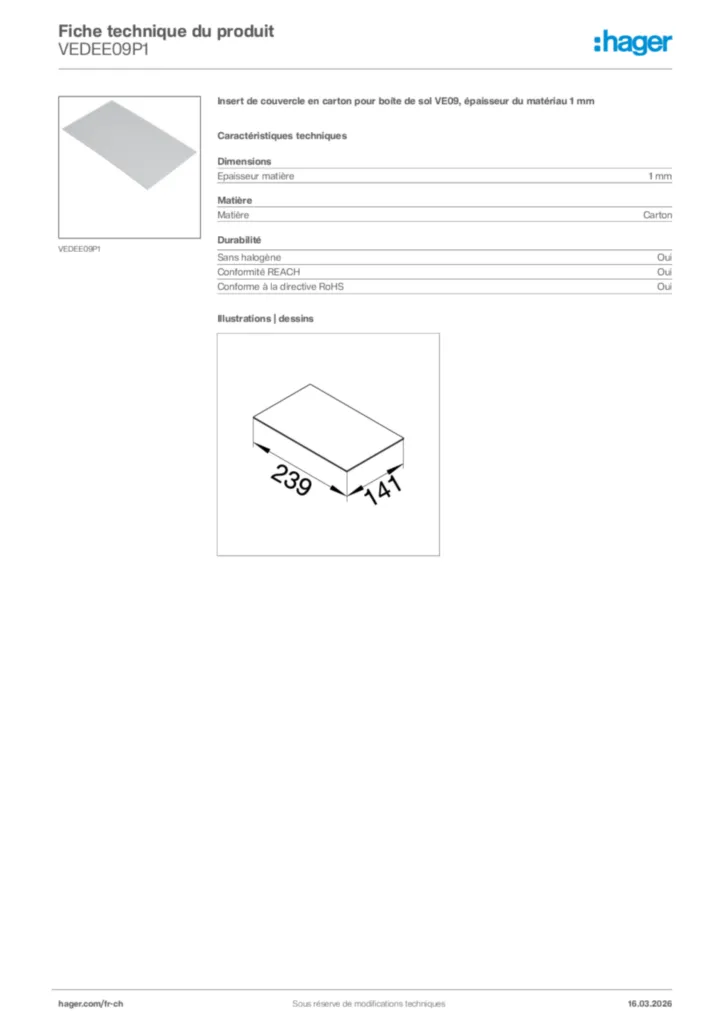 Image Hager Fiche technique du produit VEDEE09P1 | Hager Suisse
