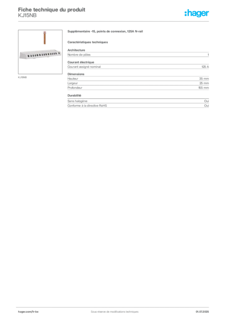 Image Hager Fiche technique du produit KJ15NB | Hager Belgique