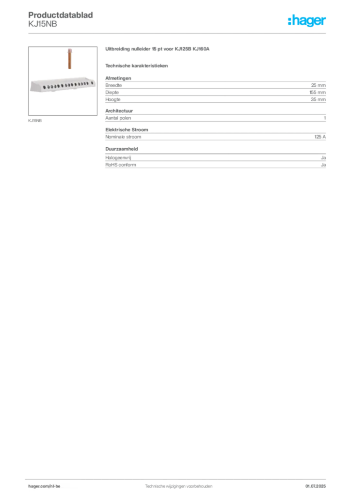 Afbeelding Hager Productdatablad KJ15NB | Hager Belgium