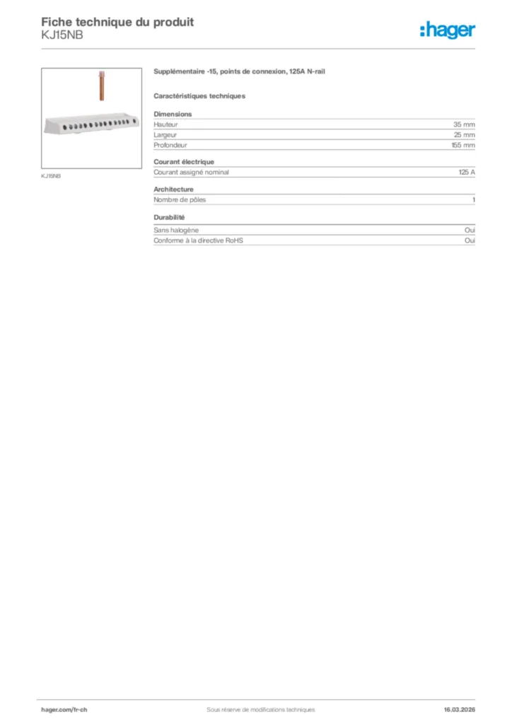Image Hager Fiche technique du produit KJ15NB | Hager Suisse