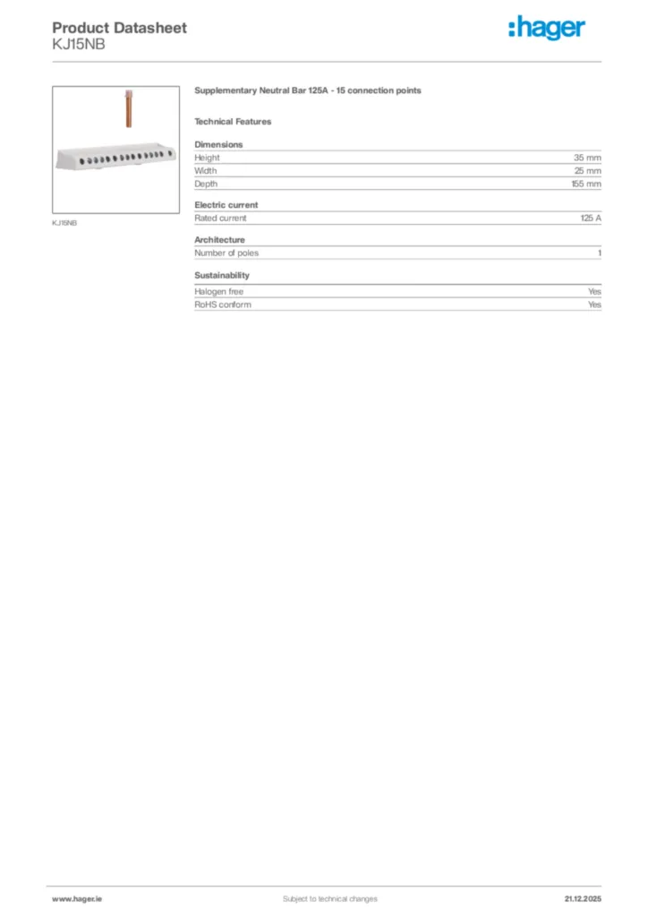 Image Hager Product data sheet KJ15NB  | Hager