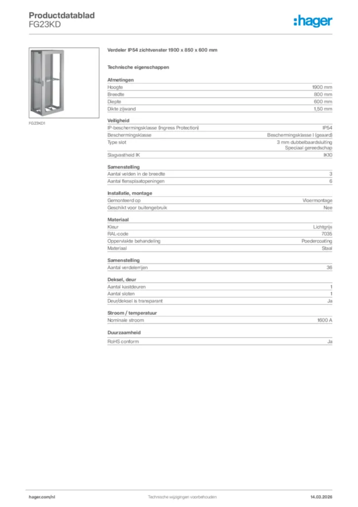 Afbeelding Hager Productdatablad FG23KD | Hager Nederland