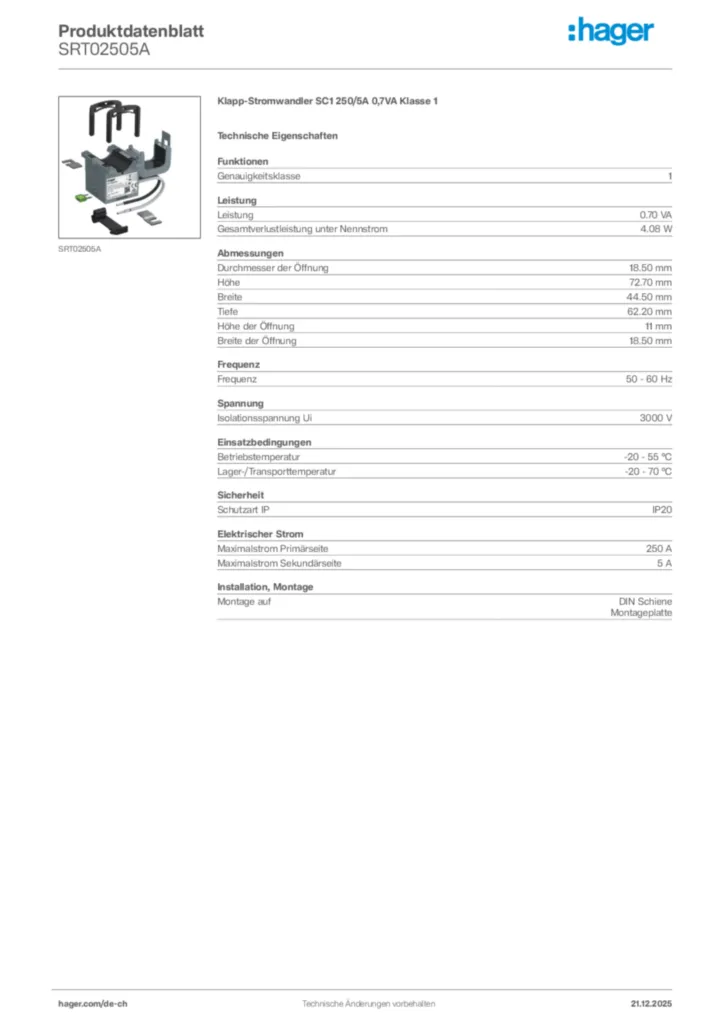Bild Hager Produktdatenblatt SRT02505A | Hager Schweiz