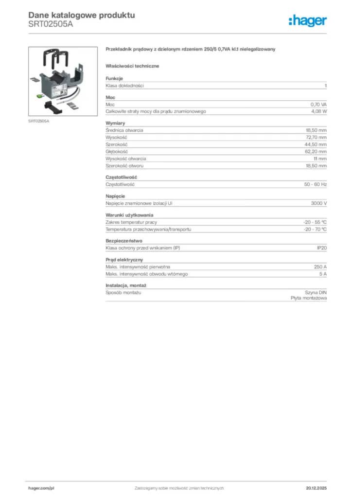 Zdjęcie Hager Karta katalogowa SRT02505A | Hager Polska