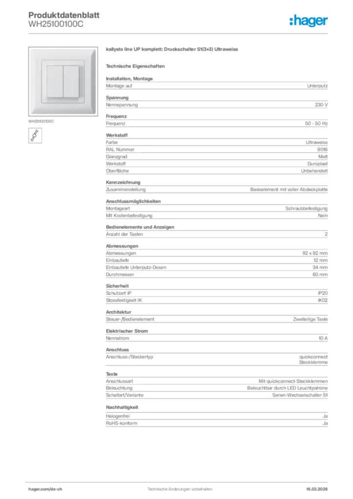 Bild Hager Produktdatenblatt WH25100100C | Hager Schweiz