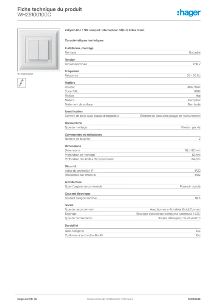 Image Hager Fiche technique du produit WH25100100C | Hager Suisse