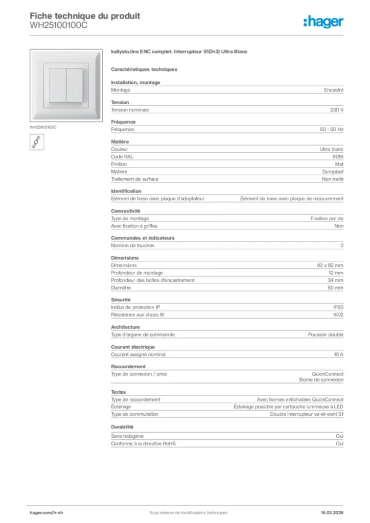 Image Hager Fiche technique du produit WH25100100C | Hager Suisse