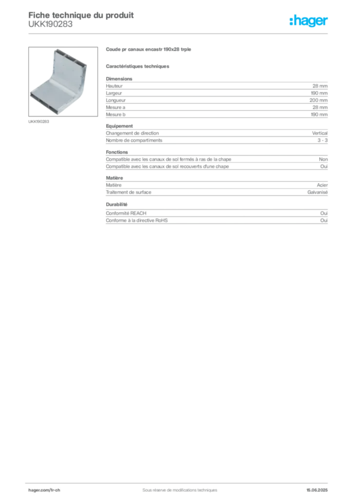 Image Hager Fiche technique du produit UKK190283 | Hager Suisse