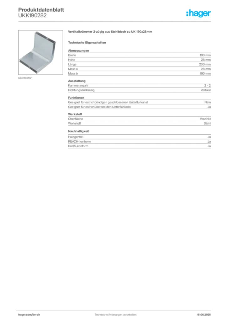 Bild Hager Produktdatenblatt UKK190282 | Hager Schweiz