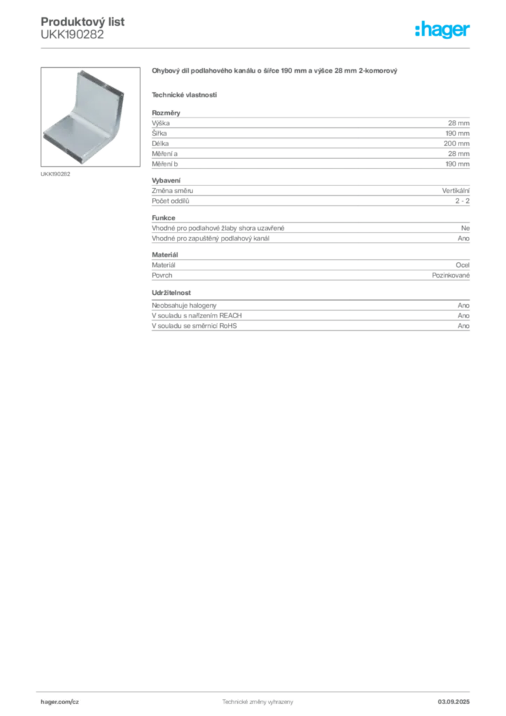 Obrázek Hager Produktový list UKK190282 | Hager