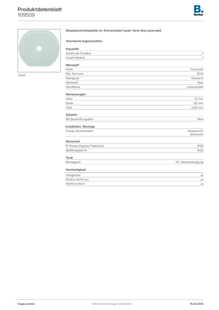 Bild Berker Produktdatenblatt 109509 | Hager Deutschland