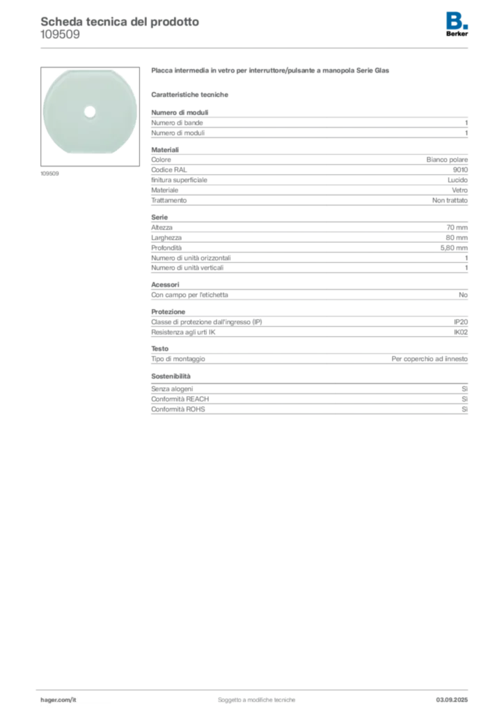 Immagine Berker Scheda tecnica del prodotto 109509 | Hager Italia