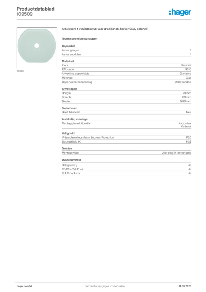 Afbeelding Hager Productdatablad 109509 | Hager Nederland