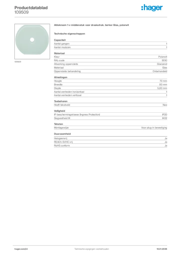 Afbeelding Hager Productdatablad 109509 | Hager Nederland
