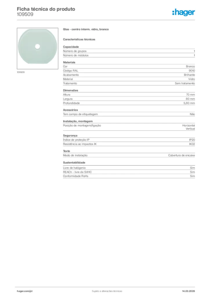 Imagem Hager Ficha técnica do produto 109509 | Hager Portugal