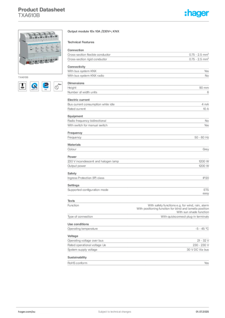 Image Hager Product data sheet TXA610B  | Hager Australia