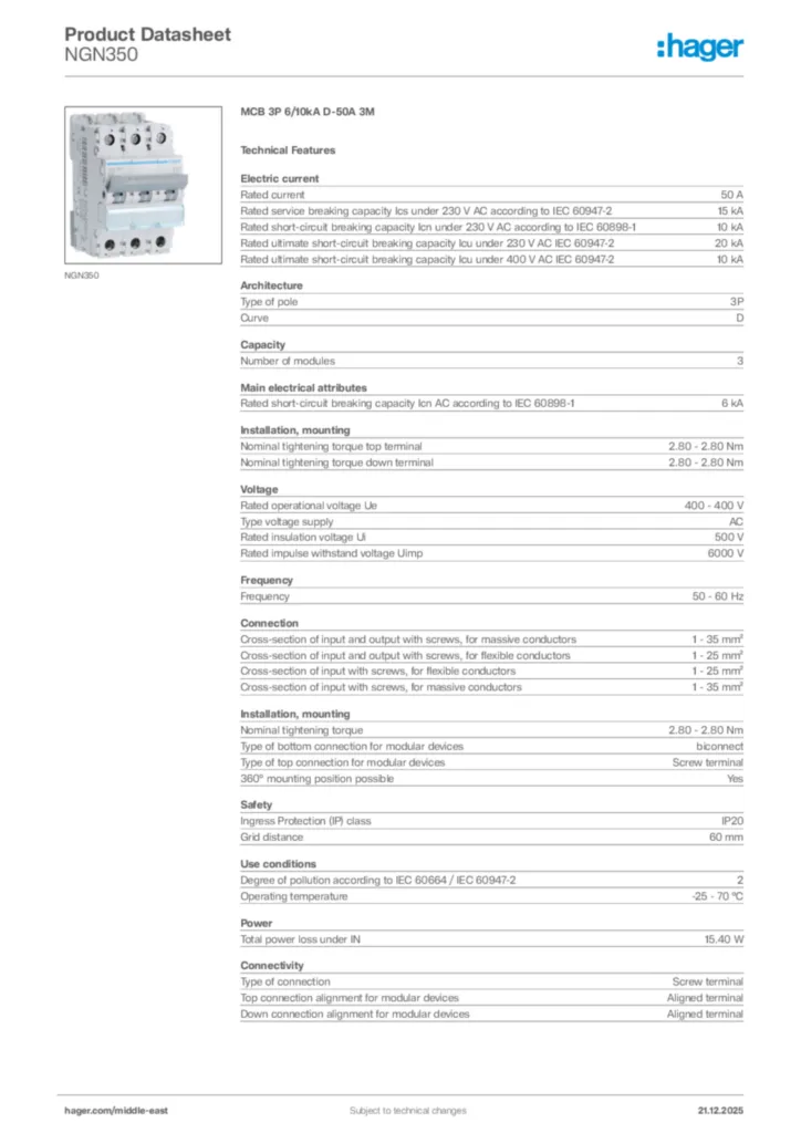Image Hager Product data sheet NGN350  | Hager