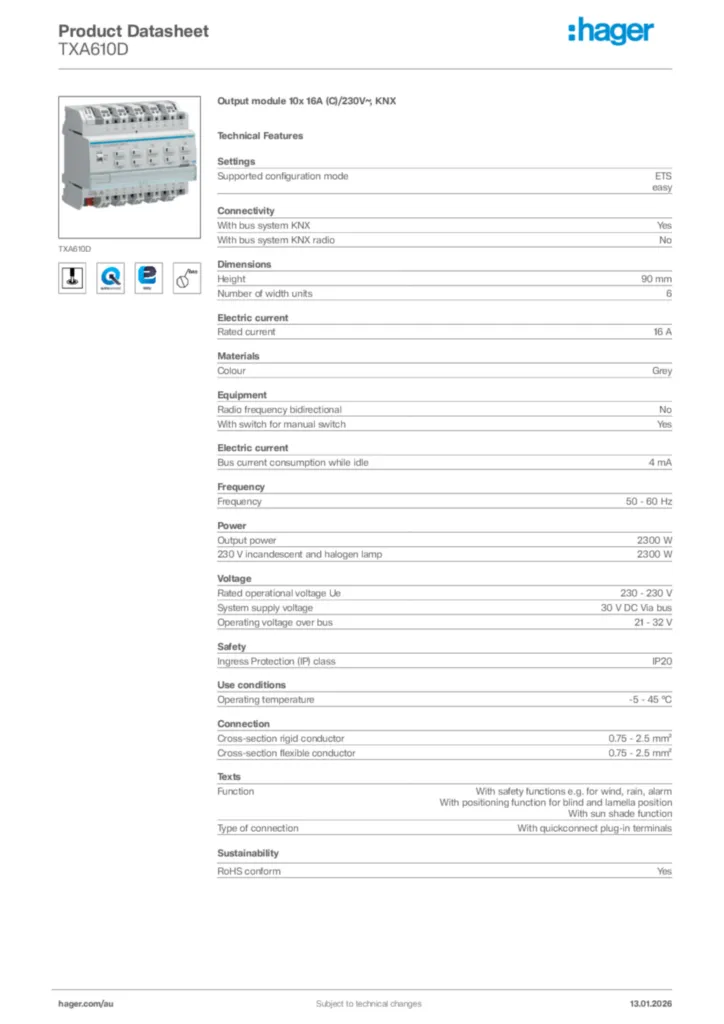 Image Hager Product data sheet TXA610D  | Hager Australia
