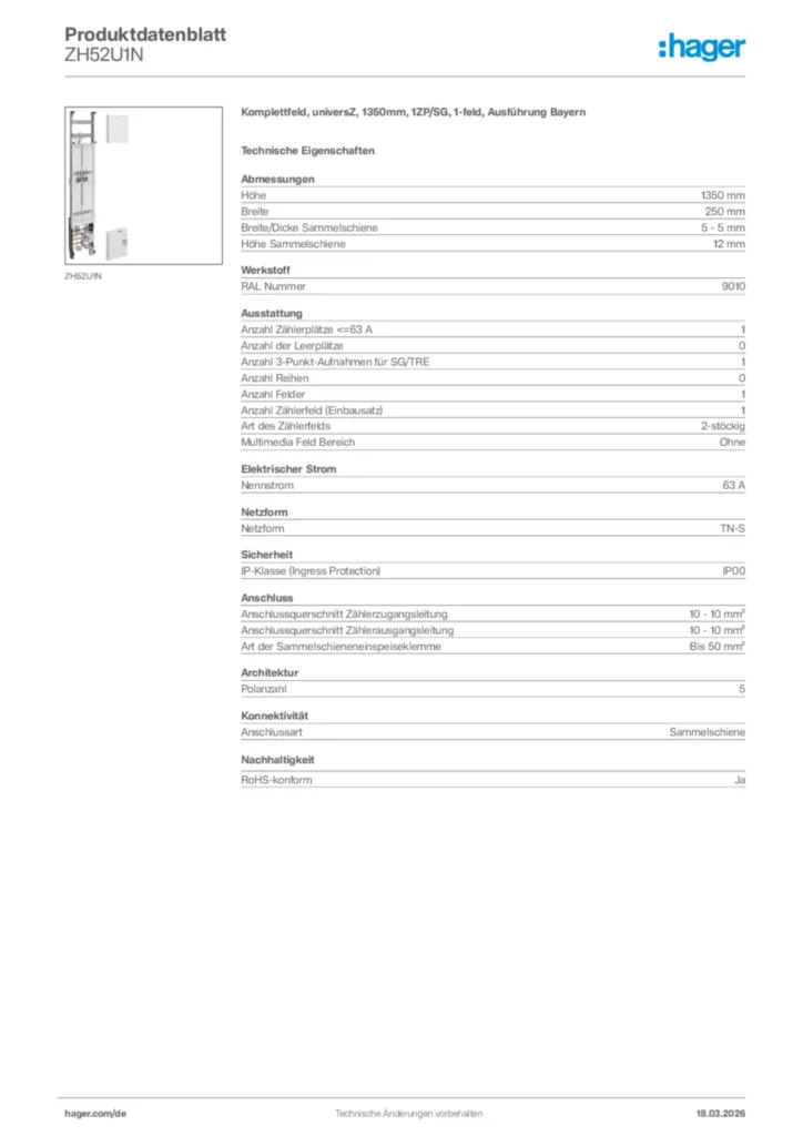 Bild Hager Produktdatenblatt ZH52U1N | Hager Deutschland