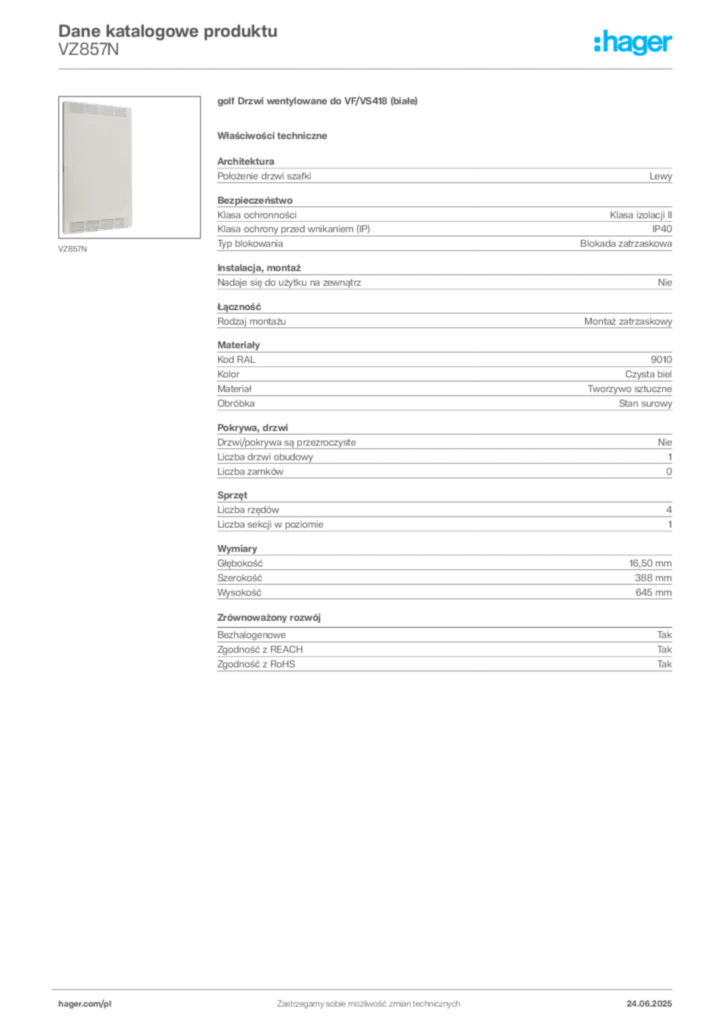 Zdjęcie Hager Dane katalogowe produktu VZ857N | Hager Polska