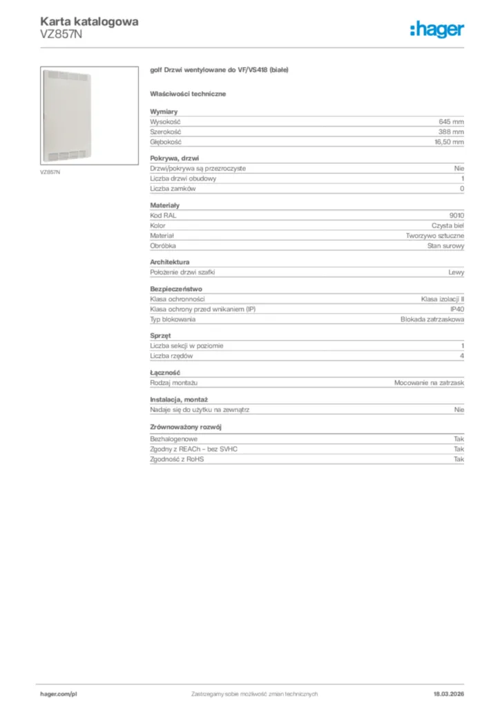 Zdjęcie Hager Karta katalogowa VZ857N | Hager Polska