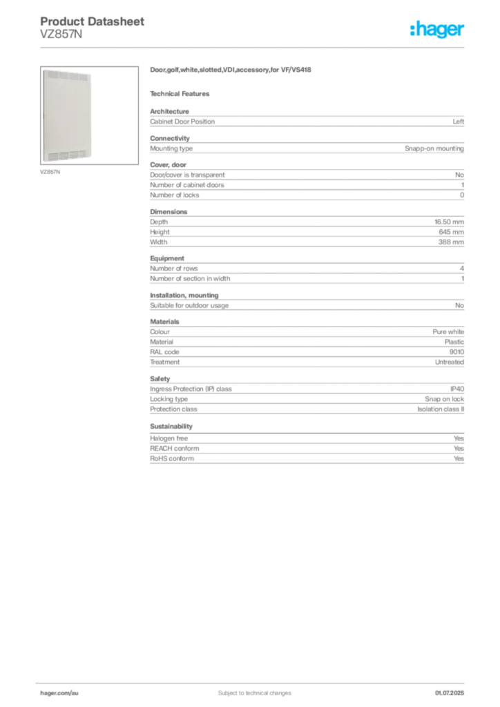 Image Hager Product data sheet VZ857N  | Hager Australia