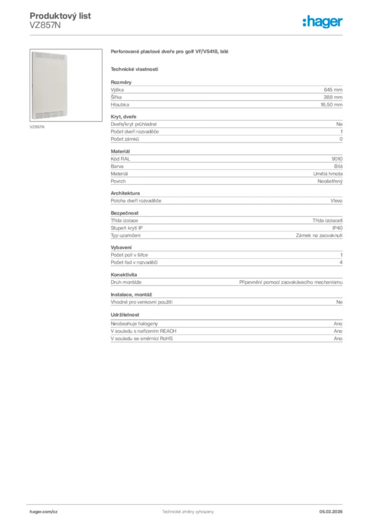 Obrázek Hager Product data sheet VZ857N | Hager
