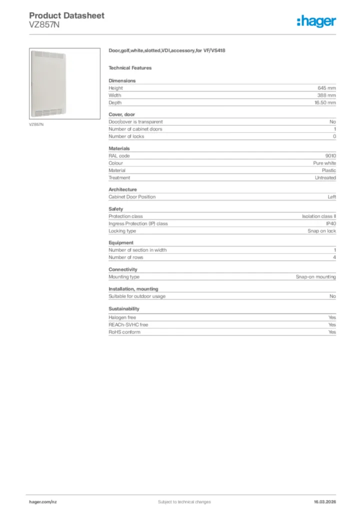 Image Hager Product data sheet VZ857N  | Hager New Zealand